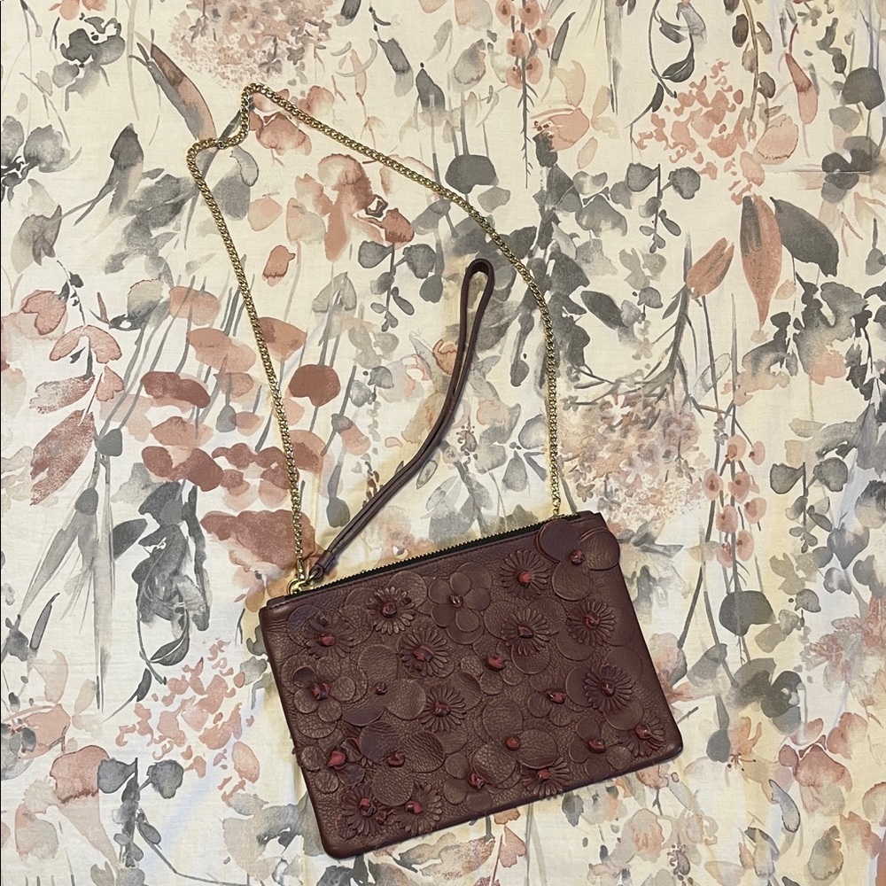 Leather Floral Embossed Burgundy Clutch
